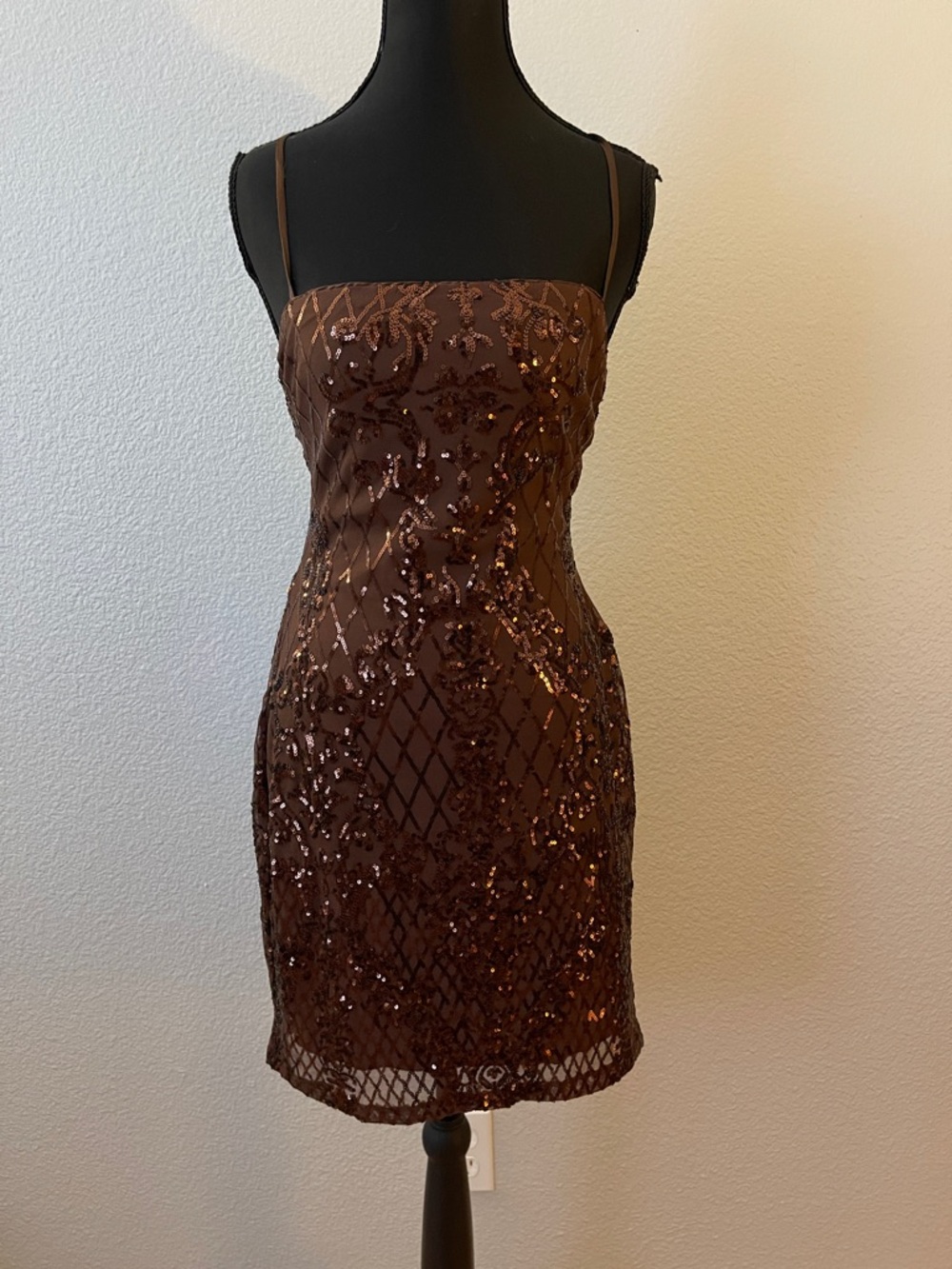 Chocolate Sequin Lace-Up Back Cocktail Dress